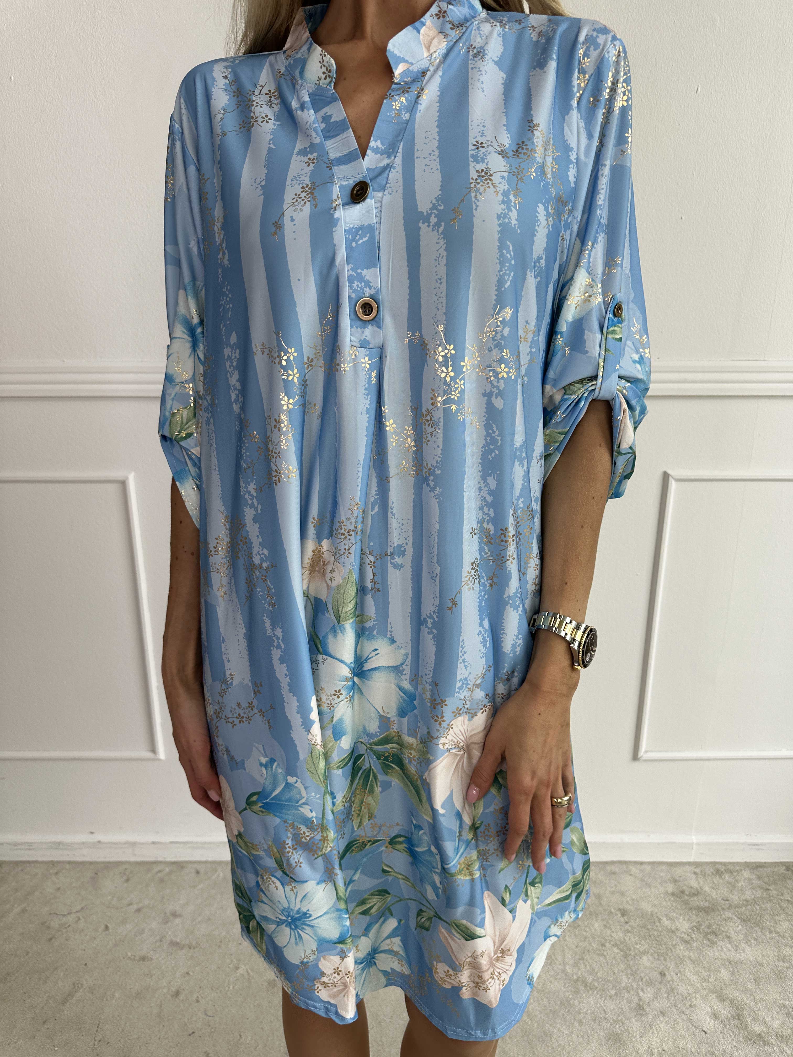 Ebba Floral Stripe Long - Elastisk blomstret kjole med guld detaljer